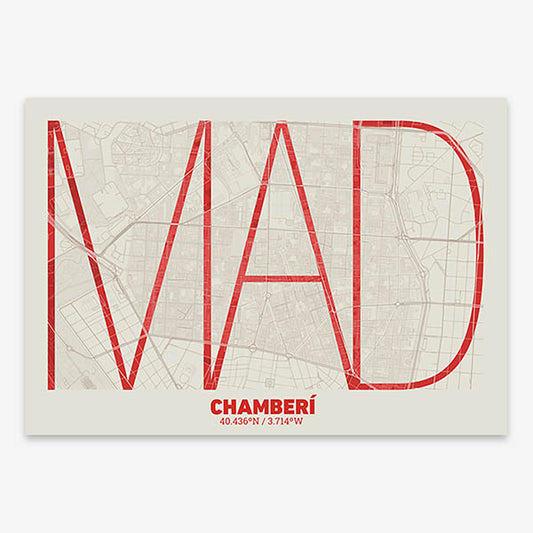 Poster of Madrid composed with letters in extra light font printed on red and an off-white background