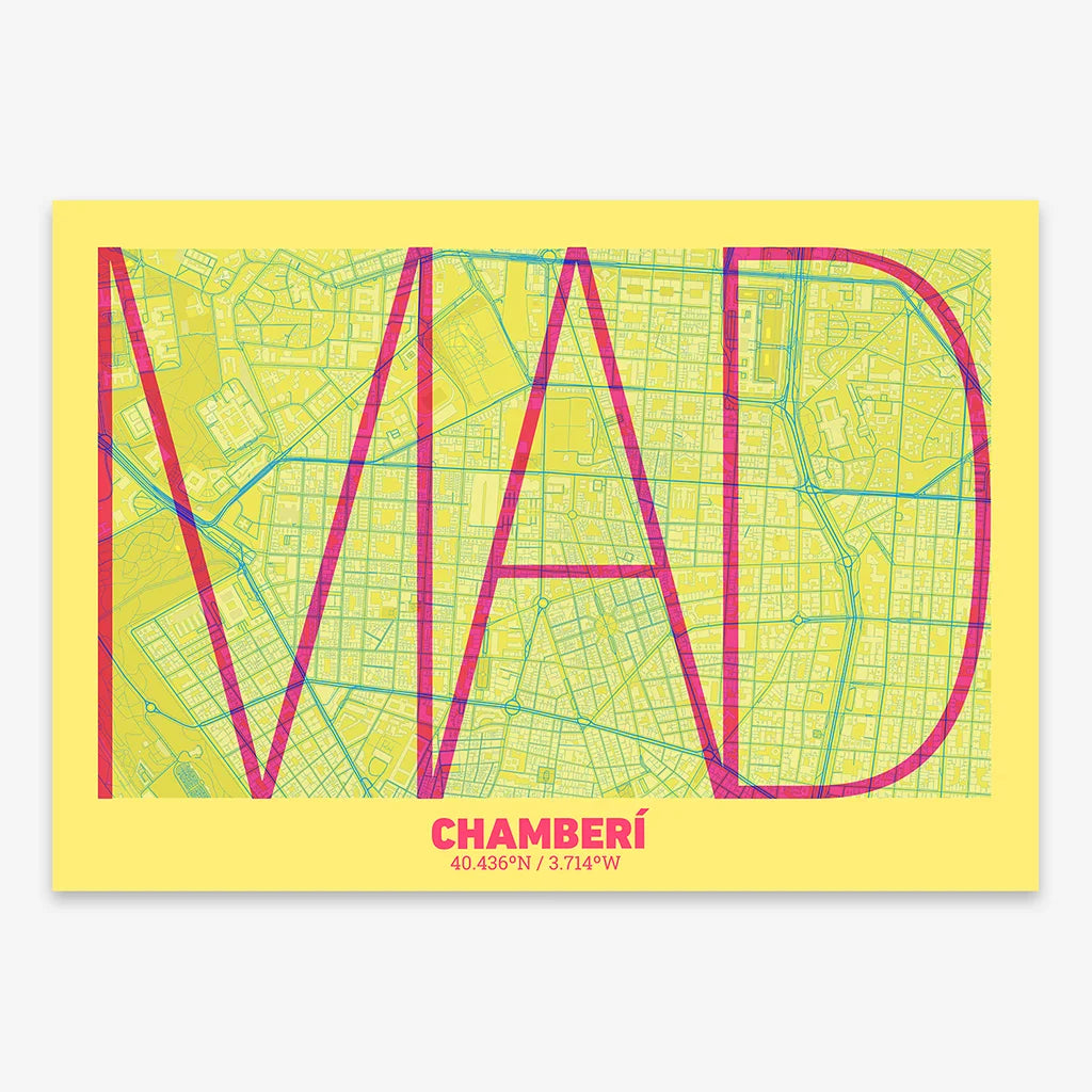 Poster of Madrid composed with letters in extra light font printed on yellow and fuchsia