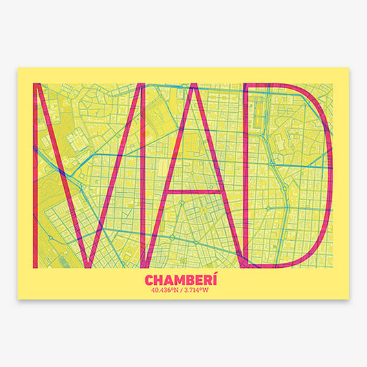 Poster of Madrid composed with letters in extra light font printed on yellow and fuchsia