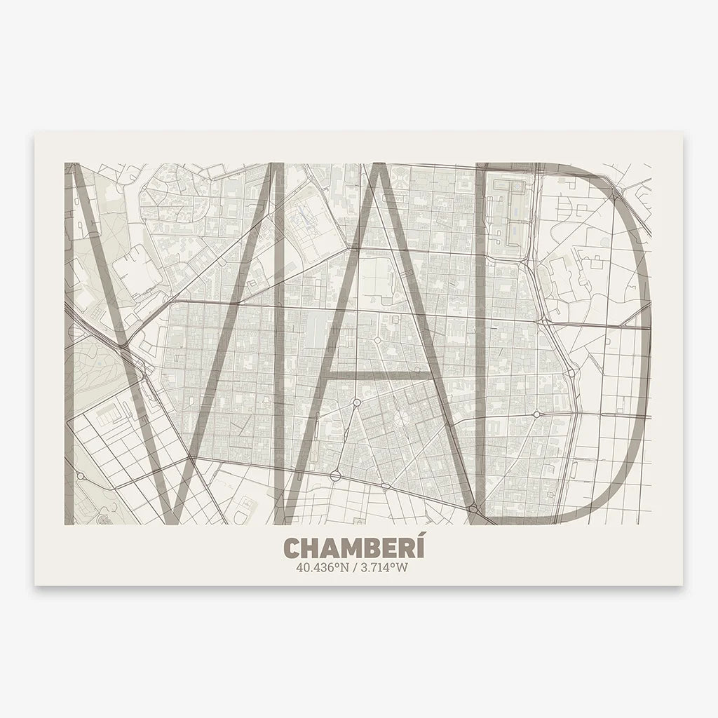 Poster of Madrid composed with letters in extra light font printed on light brown and an off-white background