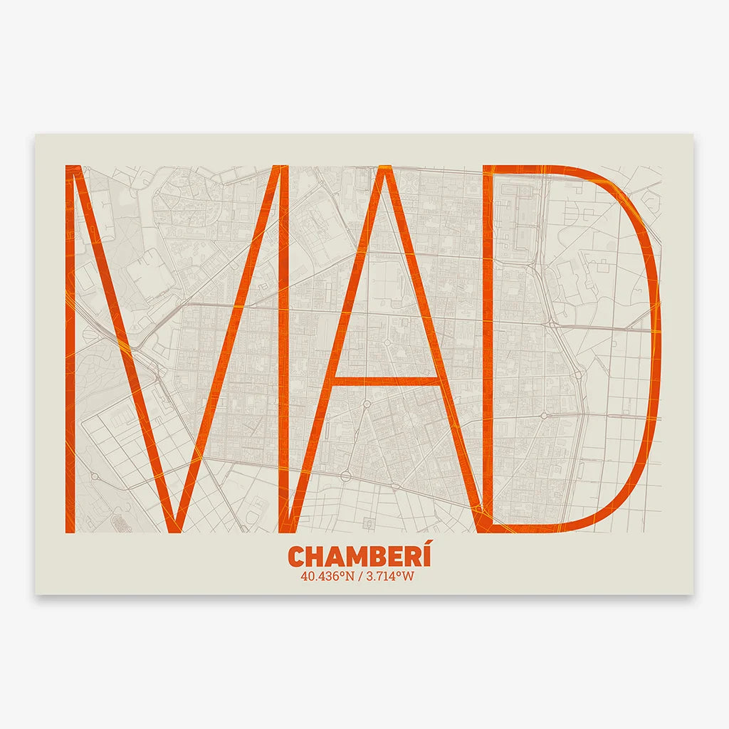Poster of Madrid composed with letters in extra light font printed on orange and an off-white background