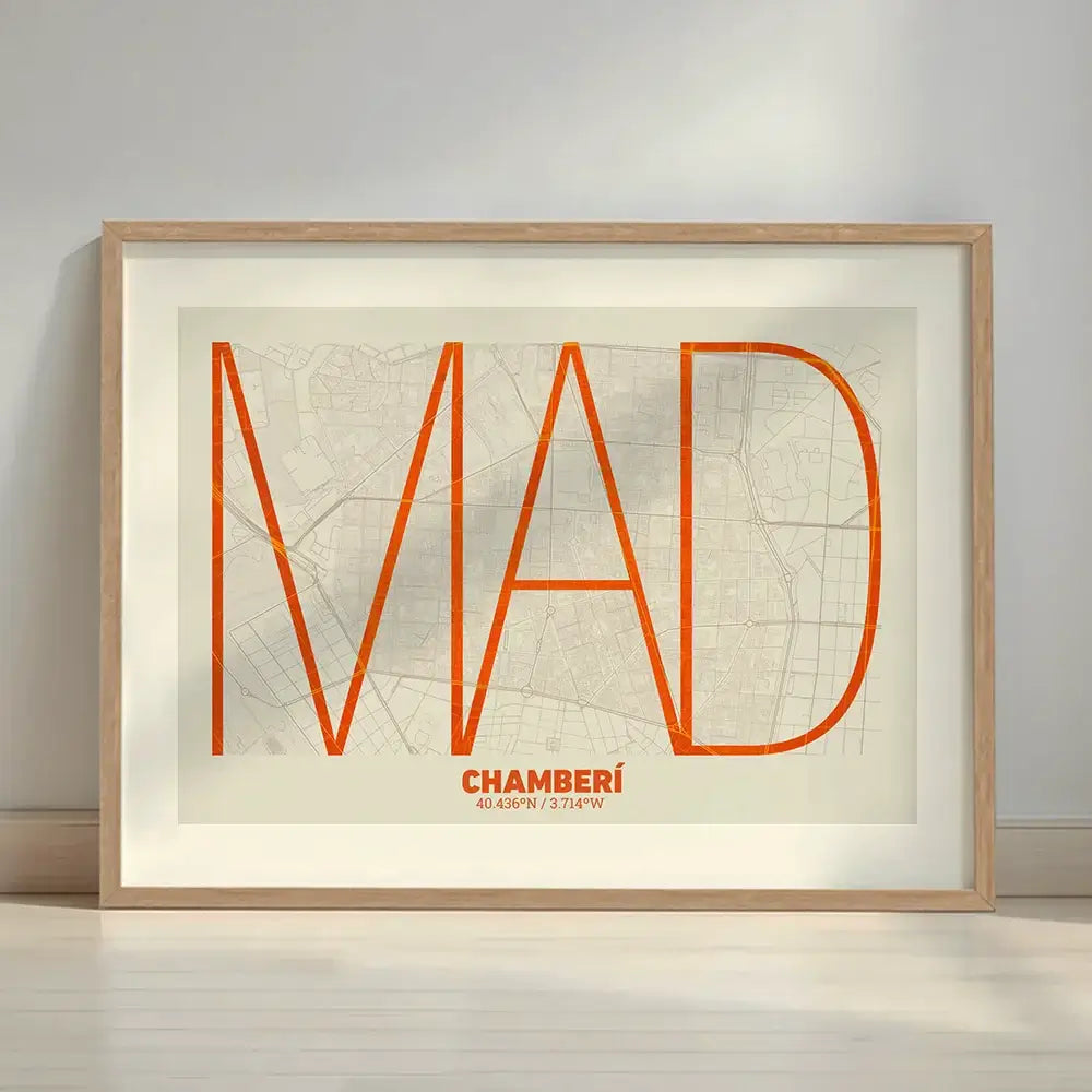 Framed Chamberi in Ultralight design, a minimalist aesthetic combining urban cartography with modern, extra-thin elegant lettering designed in orange and an off-white background with a white margin border in a warm lit minimalist setting