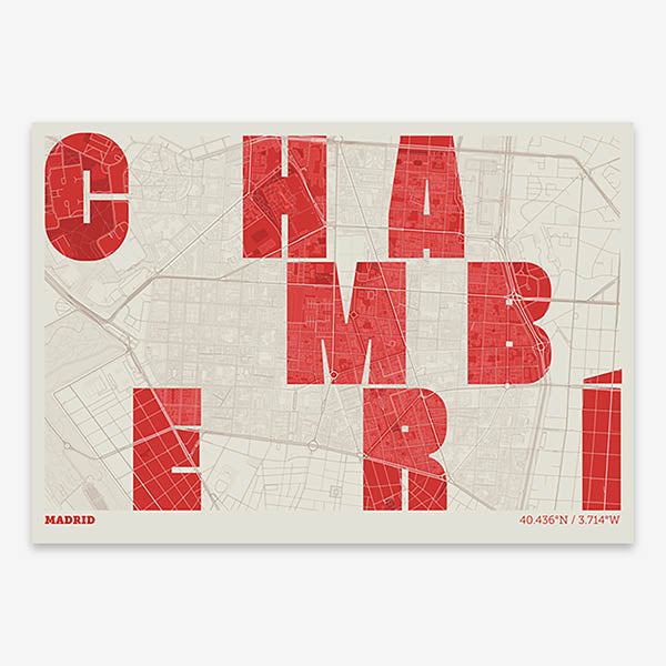 Decorative print of Madrid with letters of its name placed randomly, designed in red and an off-white background