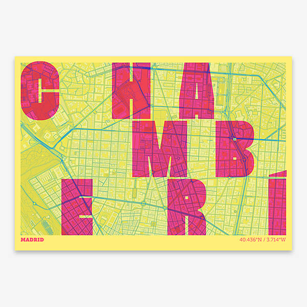 Decorative print of Madrid with letters of its name placed randomly, designed in yellow and fuchsia