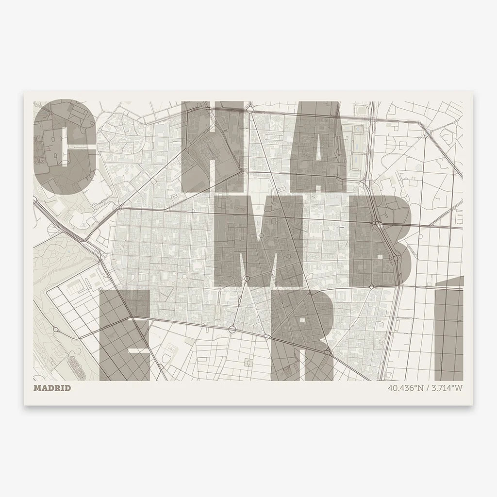 Decorative print of Madrid with letters of its name placed randomly, designed in light brown and an off-white background
