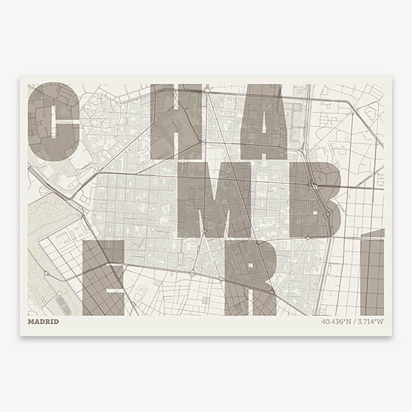 Decorative print of Madrid with letters of its name placed randomly, designed in light brown and an off-white background