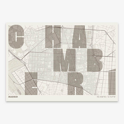 Decorative print of Madrid with letters of its name placed randomly, designed in light brown and an off-white background