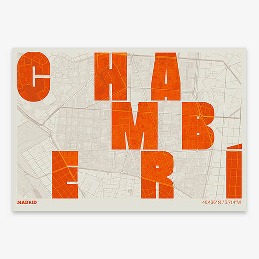 Decorative print of Madrid with letters of its name placed randomly, designed in orange and an off-white background