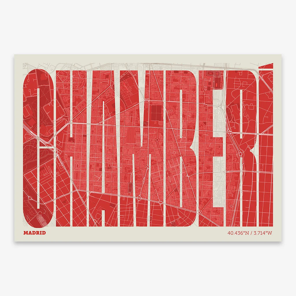 Decorative map of Madrid and letters of its name in a giclée print designed in red and an off-white background