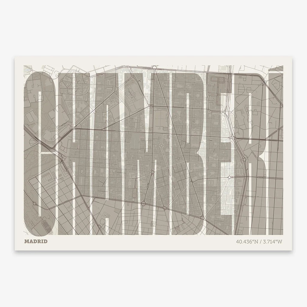 Decorative map of Madrid and letters of its name in a giclée print designed in light brown and an off-white background