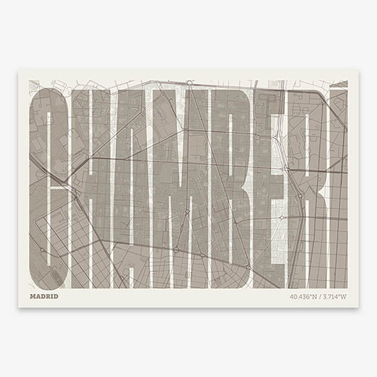 Decorative map of Madrid and letters of its name in a giclée print designed in light brown and an off-white background