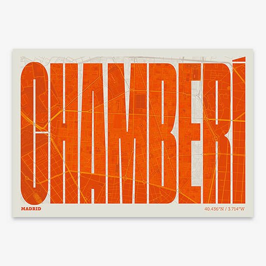Decorative map of Madrid and letters of its name in a giclée print designed in orange and an off-white background