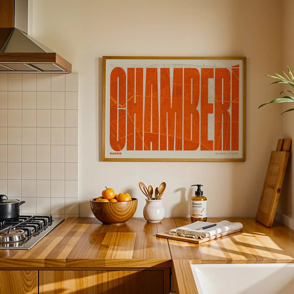 Modern interior design with a Chamberi in Extra Compressed design, where the letters are tightly squeezed to fit the city's map shape designed in orange and an off-white background, displayed on a living room wall