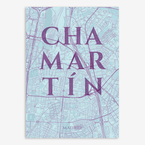 Mapa de Chamartín en el diseño la Clásica, inspirado en la tipografía cincelada con una fuente elegante que crea un bonito contraste visual diseñado en púrpura y azul claro