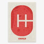 Decorative print of Madrid composed with letters in a heavy geometric font printed on red and an off-white background