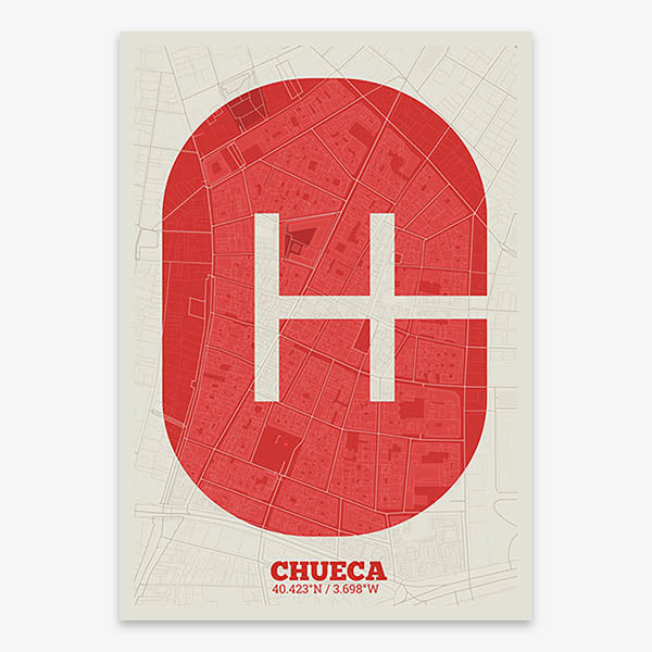 Decorative print of Madrid composed with letters in a heavy geometric font printed on red and an off-white background
