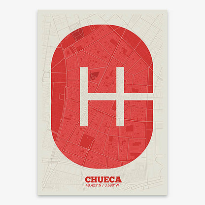 Decorative print of Madrid composed with letters in a heavy geometric font printed on red and an off-white background