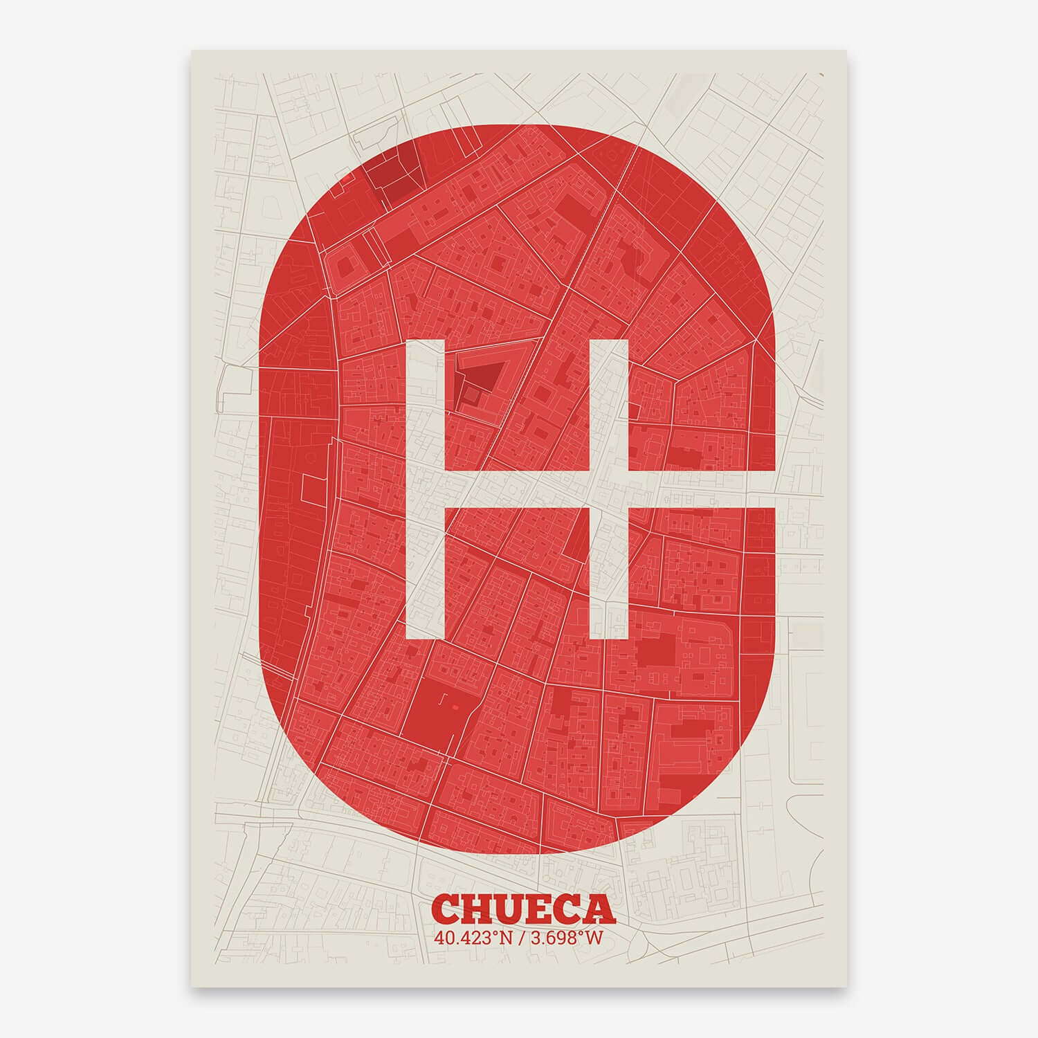 The map of Chueca composed with letters in a heavy geometric font printed on yellow and fuchsia