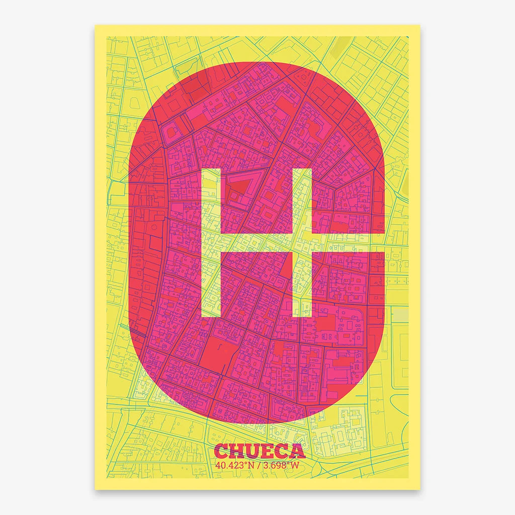 Decorative print of Madrid composed with letters in a heavy geometric font printed on yellow and fuchsia