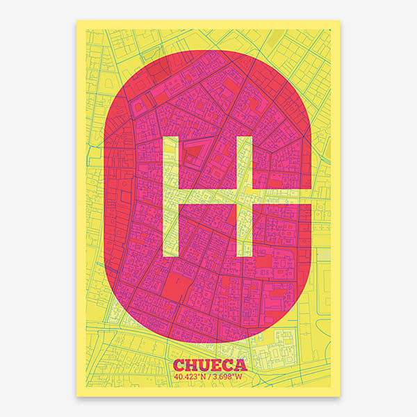 Decorative print of Madrid composed with letters in a heavy geometric font printed on yellow and fuchsia