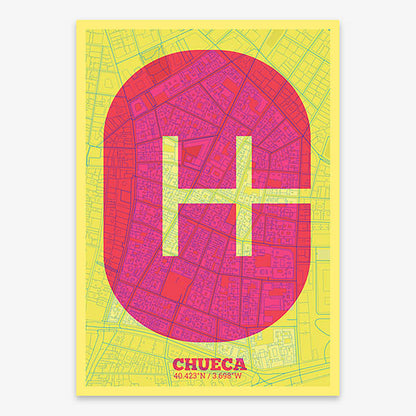 Decorative print of Madrid composed with letters in a heavy geometric font printed on yellow and fuchsia