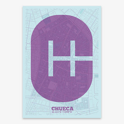 Decorative print of Madrid composed with letters in a heavy geometric font printed on purple and light blue