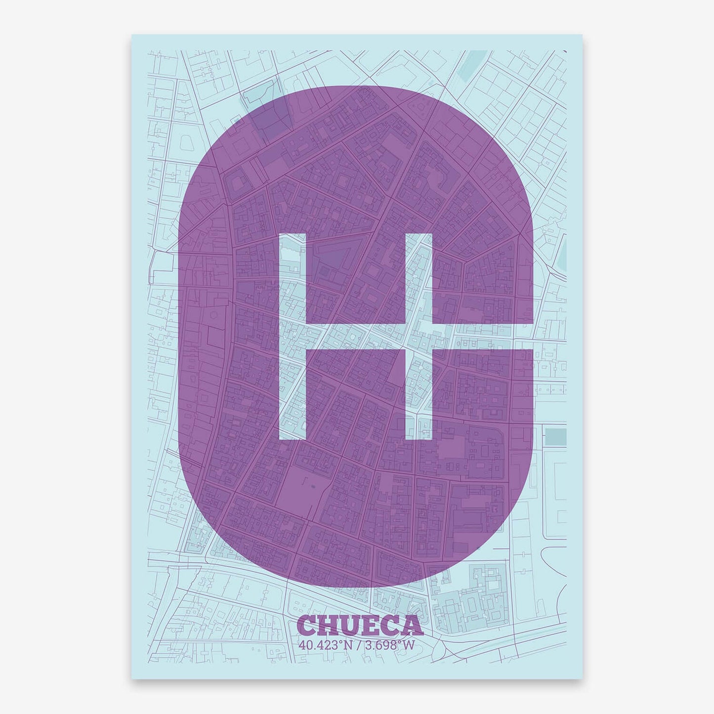 The map of Chueca composed with letters in a heavy geometric font printed on purple and light blue