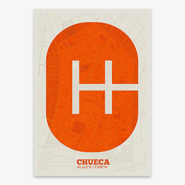 Decorative print of Madrid composed with letters in a heavy geometric font printed on orange and an off-white background