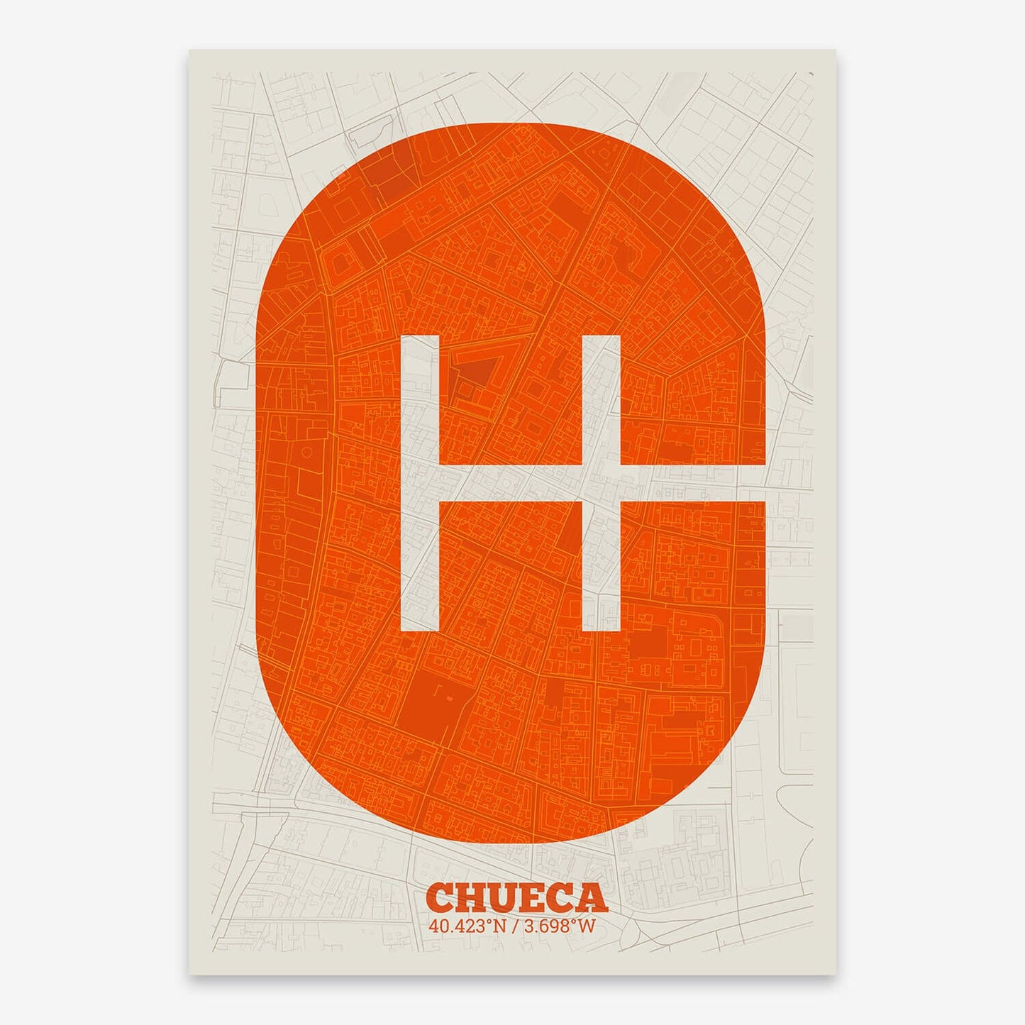 The map of Chueca composed with letters in a heavy geometric font printed on orange and an off-white background