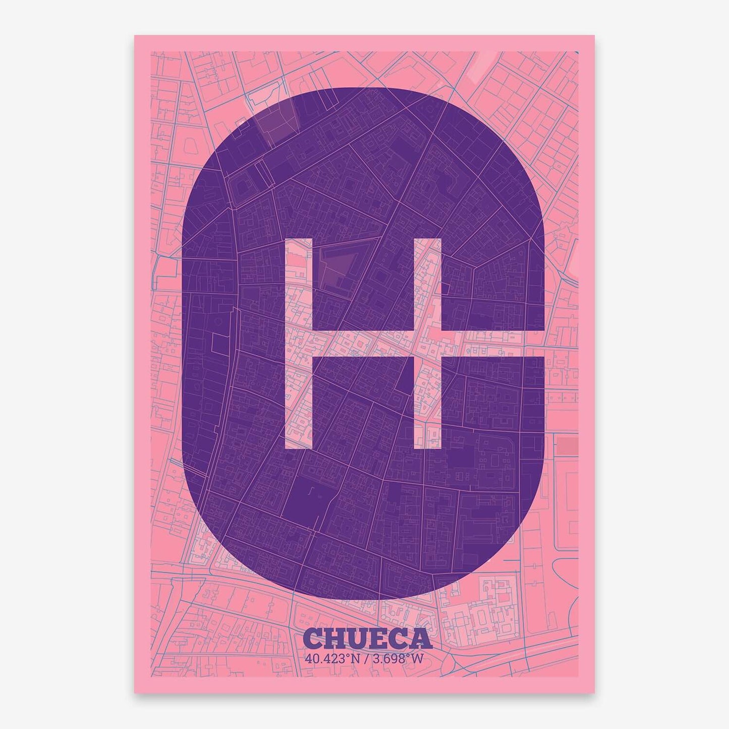 The map of Chueca composed with letters in a heavy geometric font printed on violet y pink background