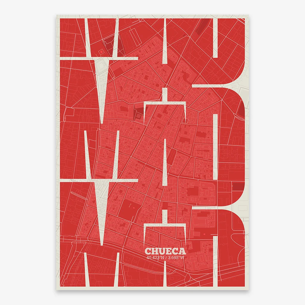 Poster of Madrid composed with letters from its abbreviation or its airport IATA code printed on red and an off-white background