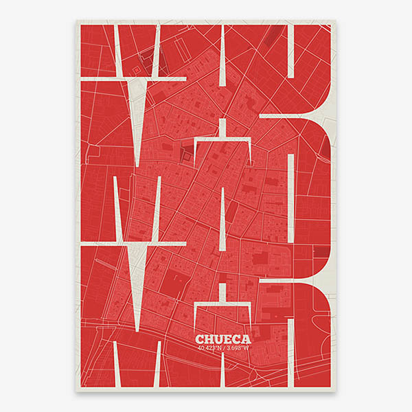 Poster of Madrid composed with letters from its abbreviation or its airport IATA code printed on red and an off-white background