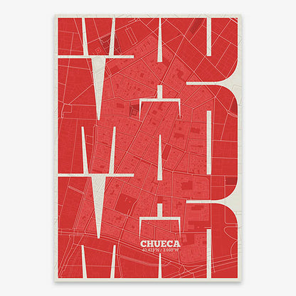 Poster of Madrid composed with letters from its abbreviation or its airport IATA code printed on red and an off-white background