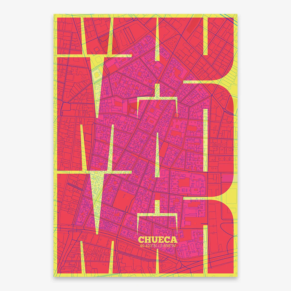 Poster of Madrid composed with letters from its abbreviation or its airport IATA code printed on yellow and fuchsia