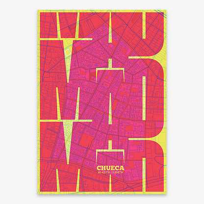 Poster of Madrid composed with letters from its abbreviation or its airport IATA code printed on yellow and fuchsia