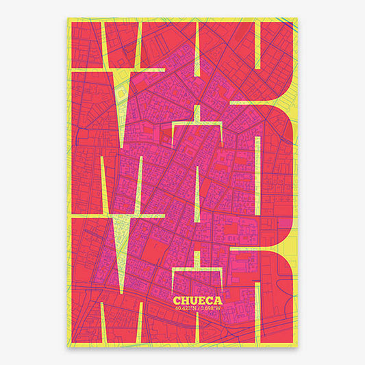 Poster of Madrid composed with letters from its abbreviation or its airport IATA code printed on yellow and fuchsia