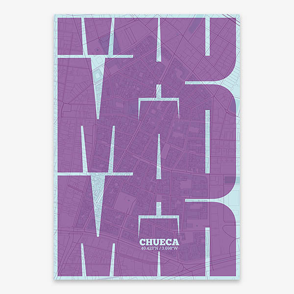 Poster of Madrid composed with letters from its abbreviation or its airport IATA code printed on purple and light blue