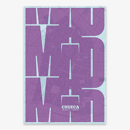 Poster of Madrid composed with letters from its abbreviation or its airport IATA code printed on purple and light blue