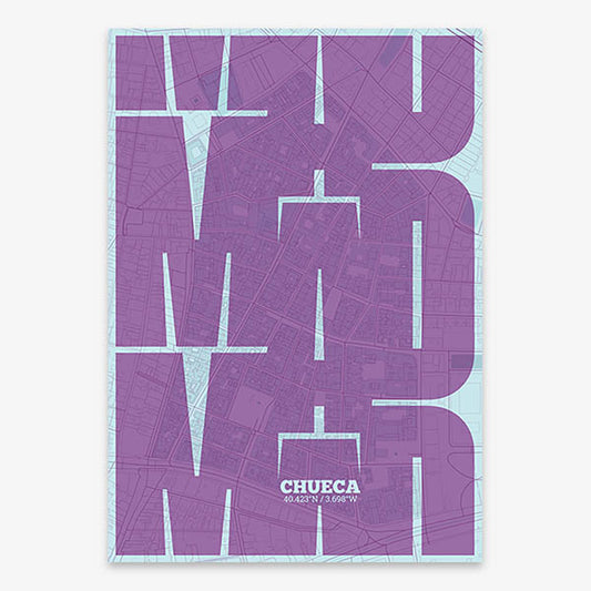 Poster of Madrid composed with letters from its abbreviation or its airport IATA code printed on purple and light blue