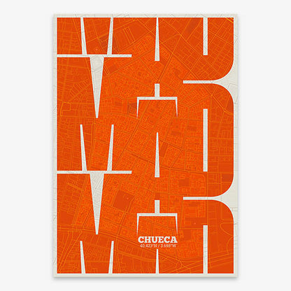 Poster of Madrid composed with letters from its abbreviation or its airport IATA code printed on orange and an off-white background