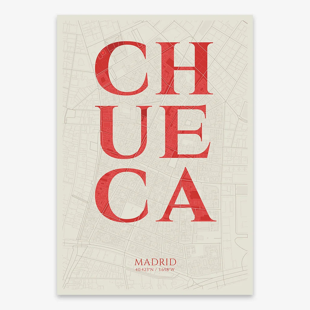 Decorative map of Madrid composed with letters in serif font printed on red and an off-white background