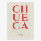 Decorative map of Madrid composed with letters in serif font printed on red and an off-white background