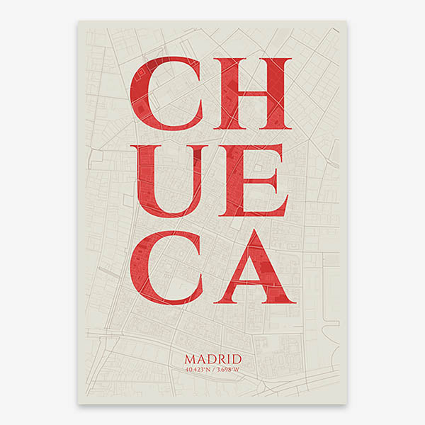 Decorative map of Madrid composed with letters in serif font printed on red and an off-white background