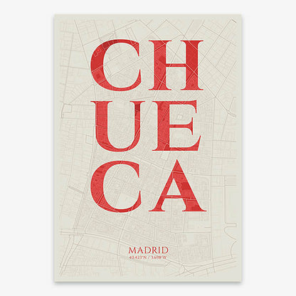 Decorative map of Madrid composed with letters in serif font printed on red and an off-white background