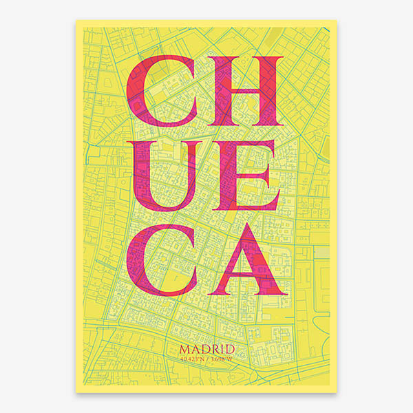 Decorative map of Madrid composed with letters in serif font printed on yellow and fuchsia