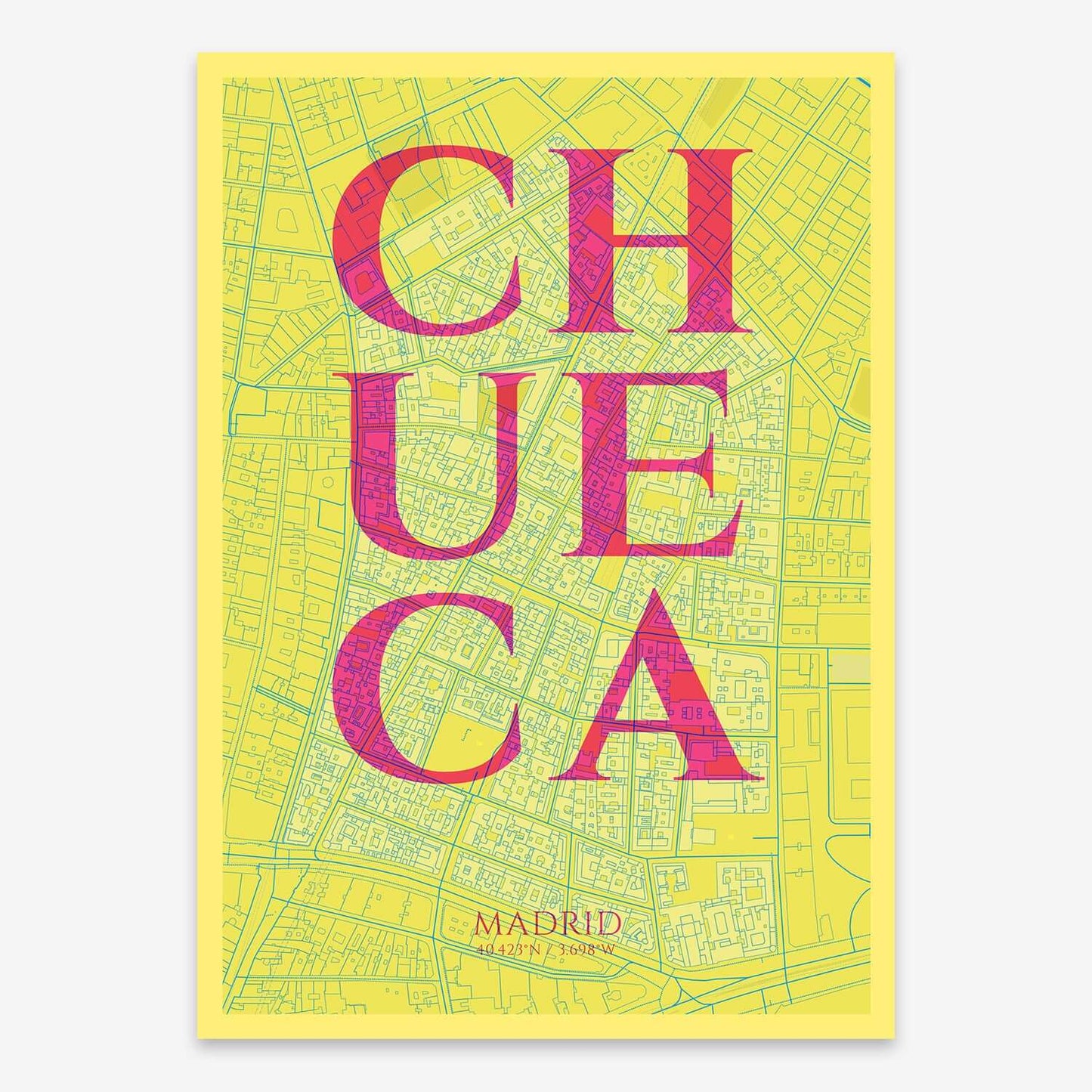 The map of Chueca composed with letters in serif font printed on yellow and fuchsia