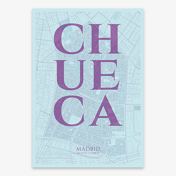 Decorative map of Madrid composed with letters in serif font printed on purple and light blue