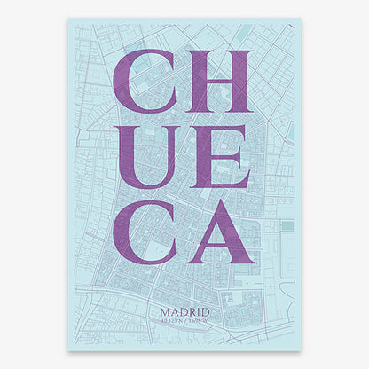 Decorative map of Madrid composed with letters in serif font printed on purple and light blue