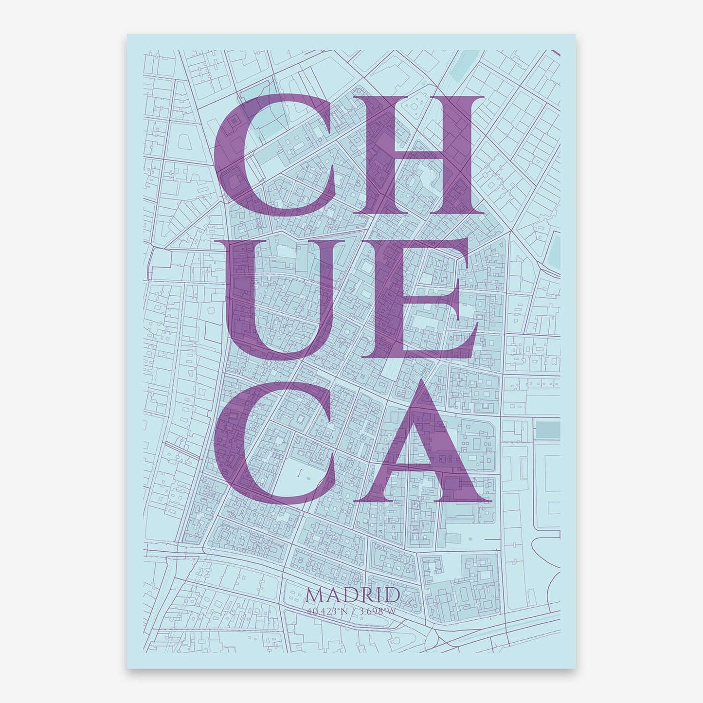 The map of Chueca composed with letters in serif font printed on orange and an off-white background