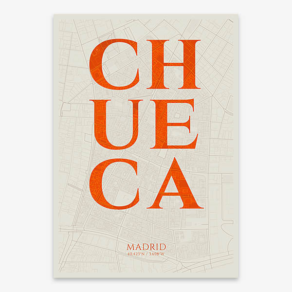 Decorative map of Madrid composed with letters in serif font printed on orange and an off-white background